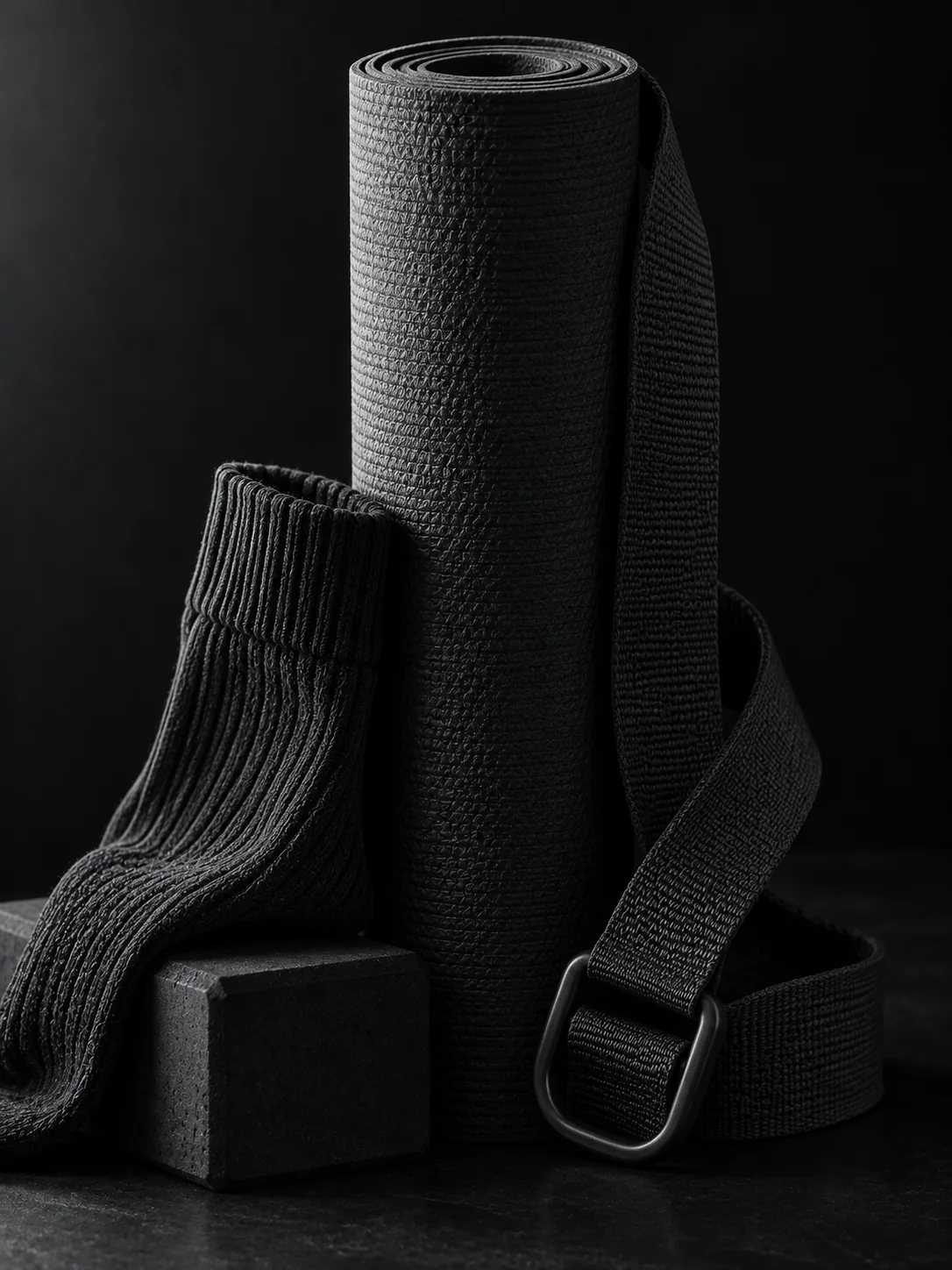 Rolled yoga mat with a strap, a yoga block and knitted sports socks