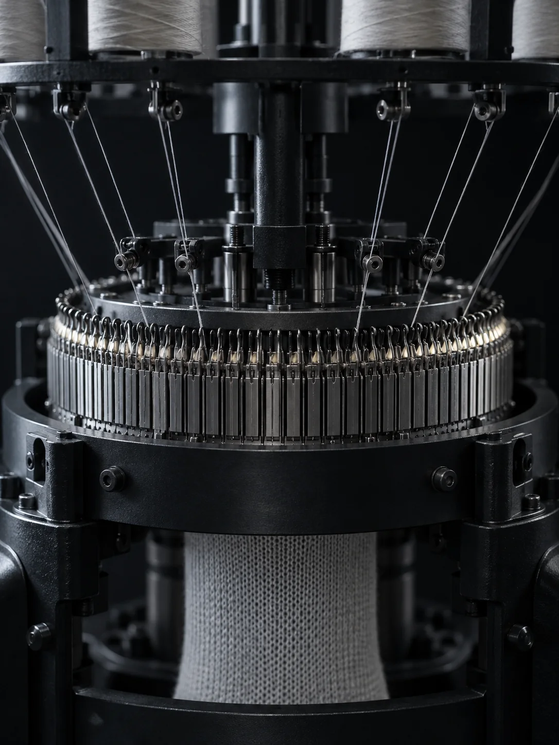 Circular seamless knitting machine knitting a tube of activewear fabric