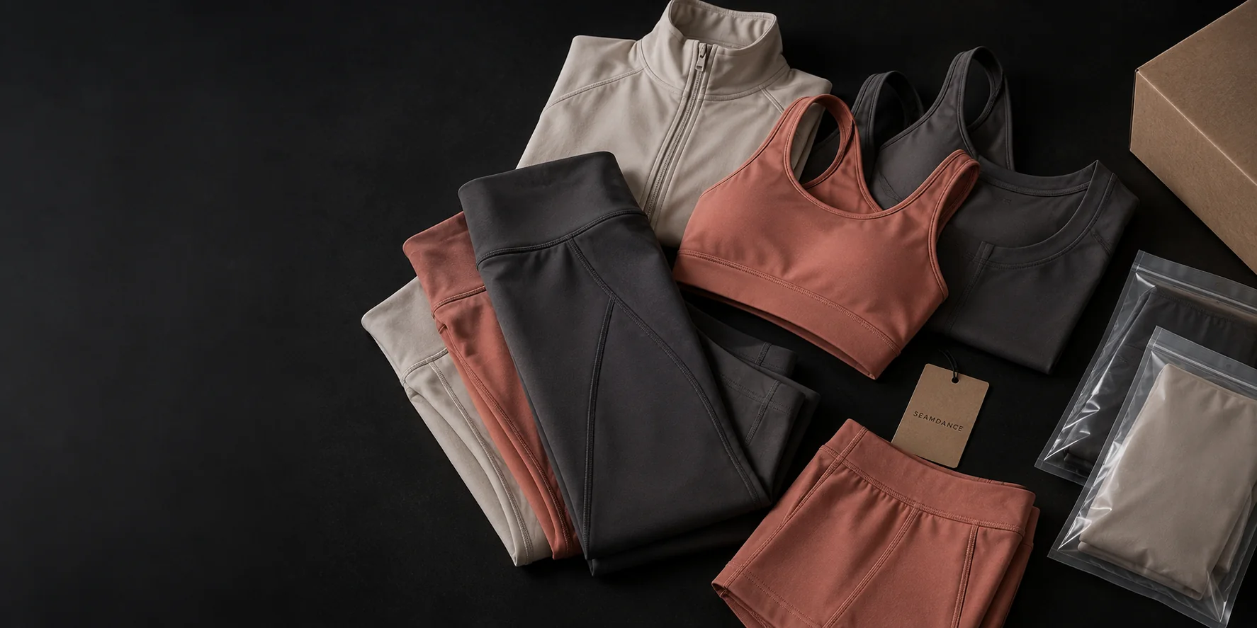 An activewear collection packed for shipping: jacket, leggings, sports bras, shorts and a tank with hang tag and poly bags beside a carton
