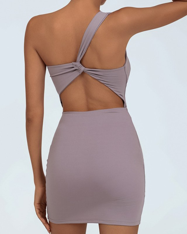 Brushed One-Shoulder Built-In Bra Tennis Set — Mauve