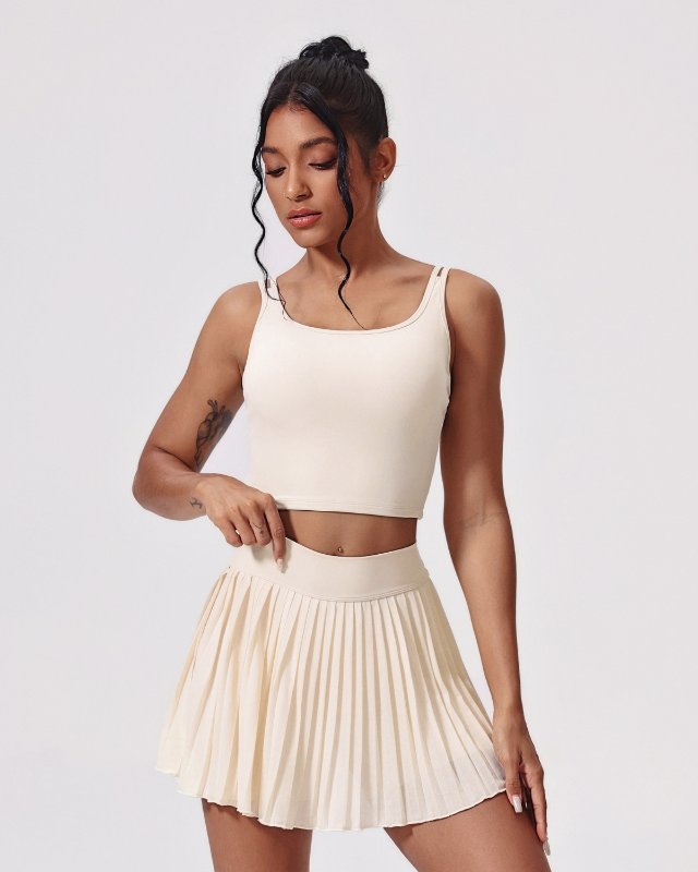 Brushed Open-Back Pleated Tennis Skirt — Cream