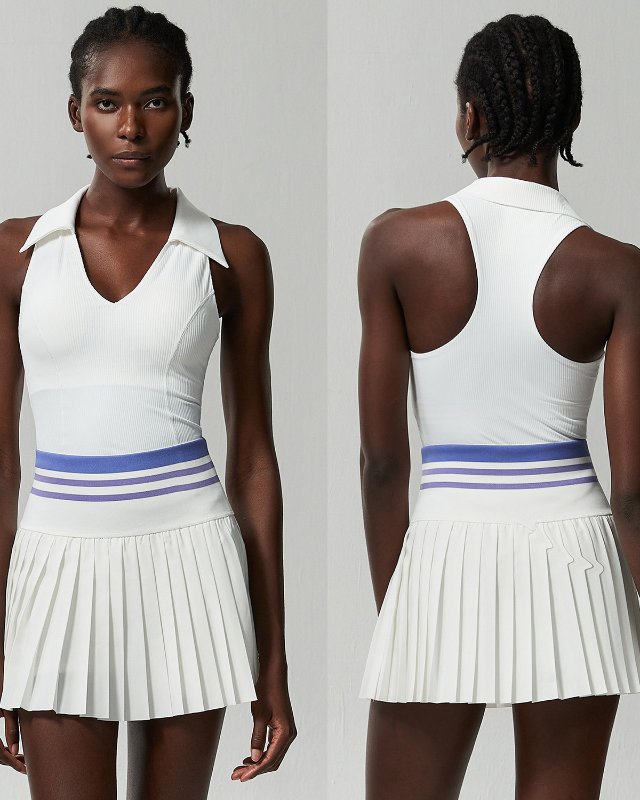 V-Neck Quick-Dry Built-In Bra Tennis Set — White