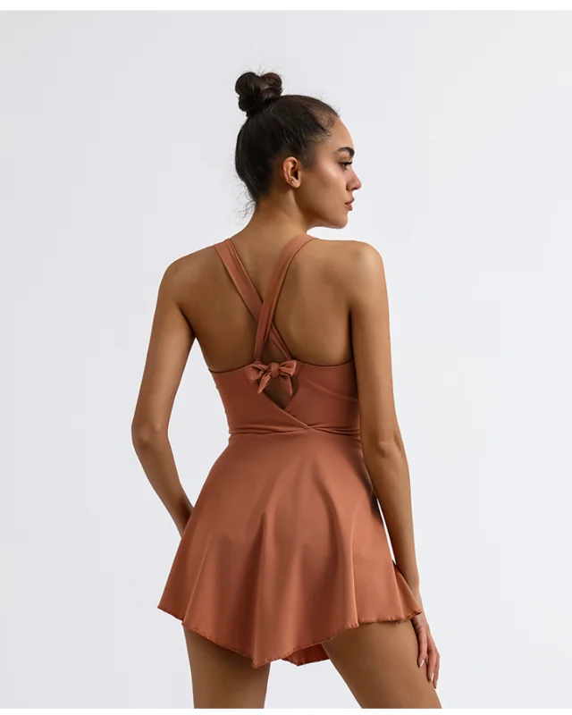 Quick-Dry Cross-Back Built-In Bra Tennis Set — Brown