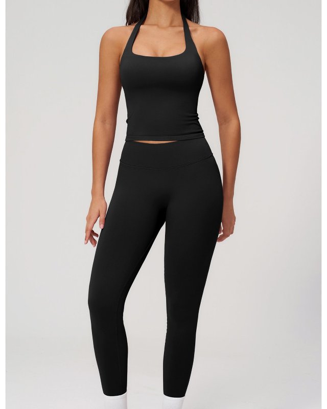 High-Stretch Seamless Open-Back Yoga Set — Black
