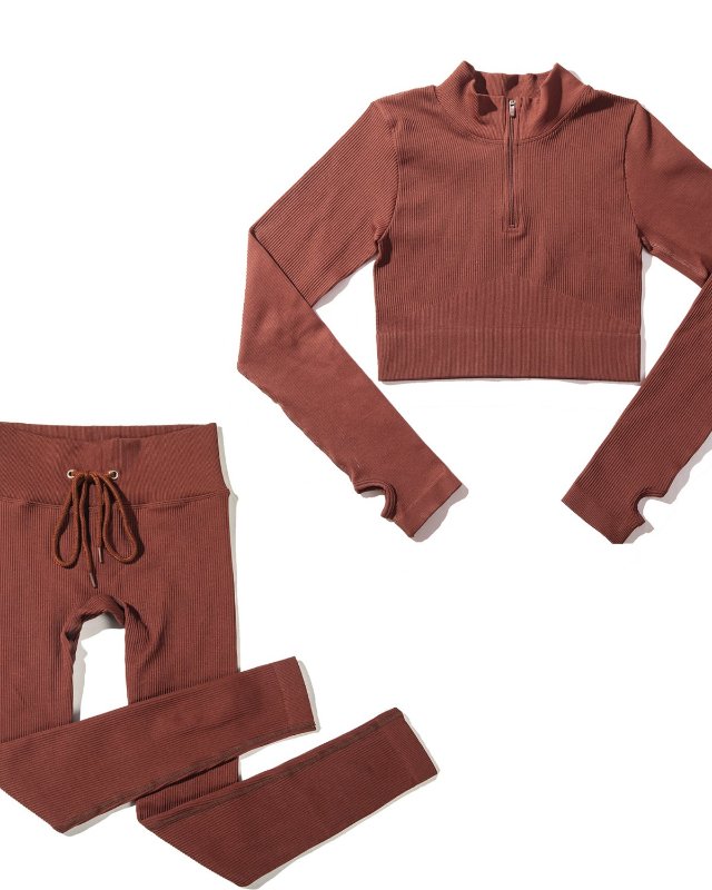 Seamless Long-Sleeve Zip-Front Yoga Set — Brown
