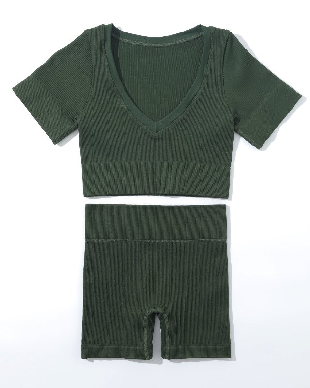Seamless Ribbed Short-Sleeve Bike Shorts — Dark Green