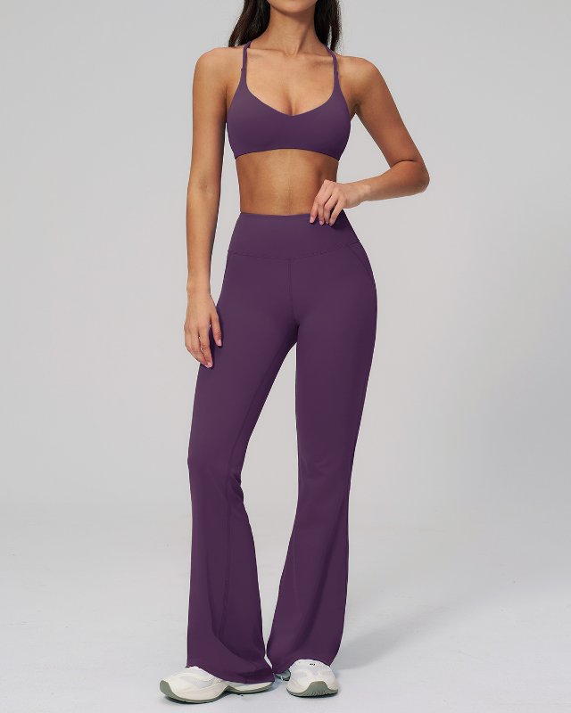 Quick-Dry Open-Back Halter Flared Leggings — Purple