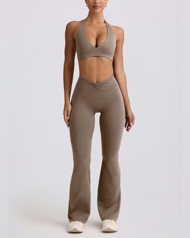 Open-Back Halter Flared Leggings — Dark Sandalwood Brown