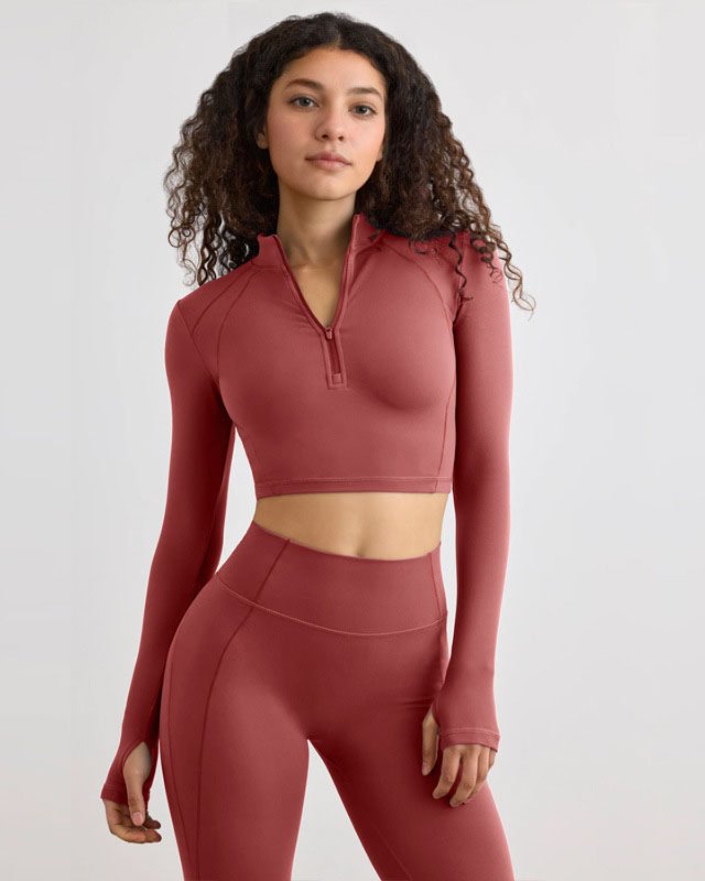 Quick-Dry Long-Sleeve Zip-Front Training Top — Red