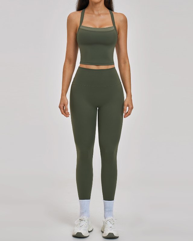 Quick-Dry Cross-Back Yoga Set — Olive Green