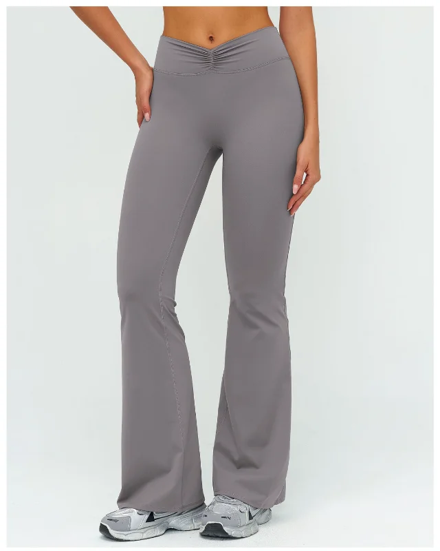 Ruched High-Rise Brushed Flared Leggings — Grey