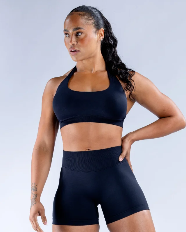 Seamless Open-Back Halter Sports Bra II — Black