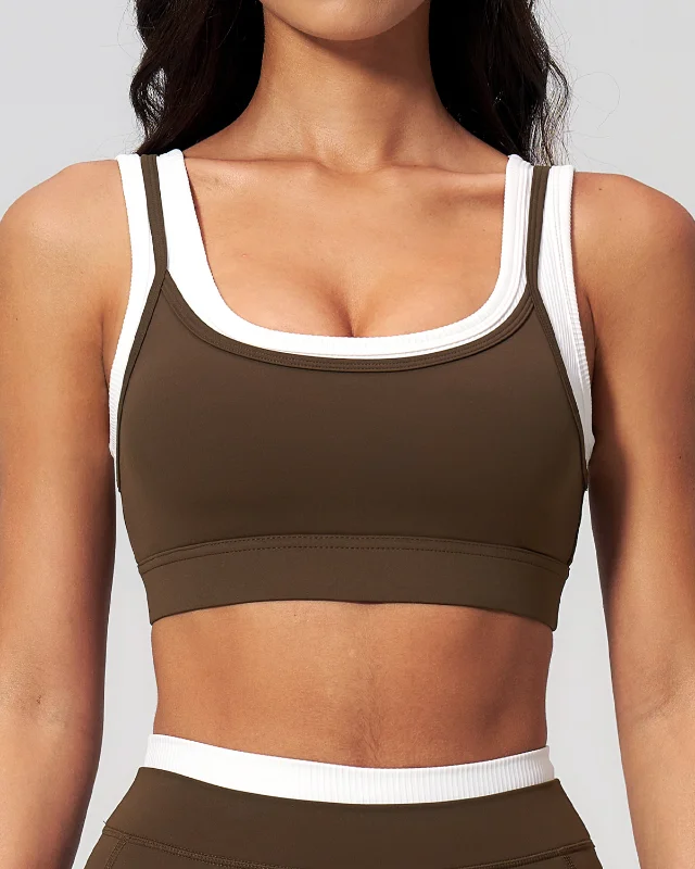 Ribbed Color-Block Sports Bra — Brown