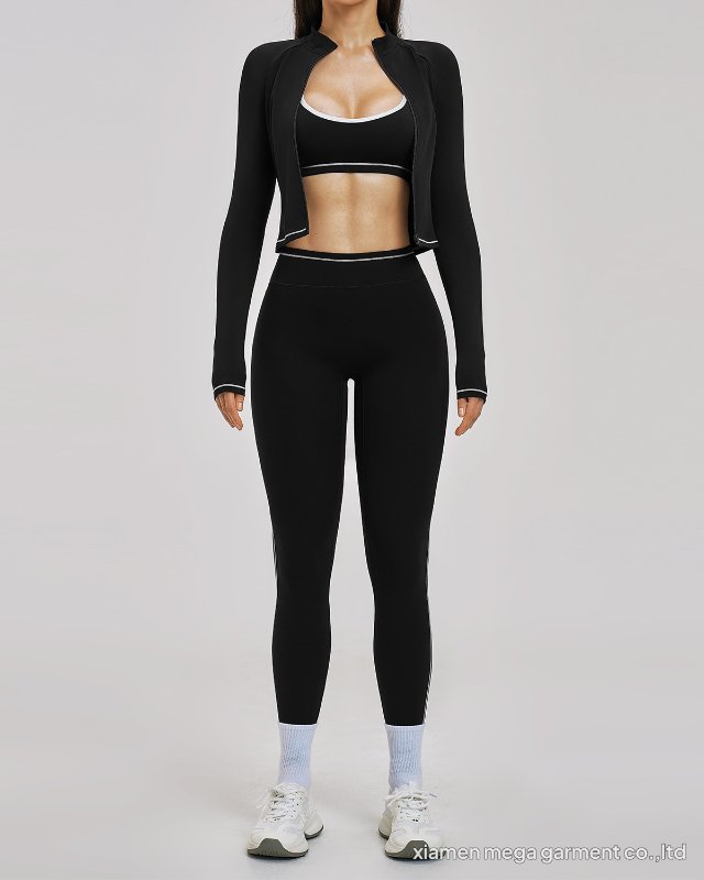 Color-Block Zip-Front 3-Piece Yoga Set — Black
